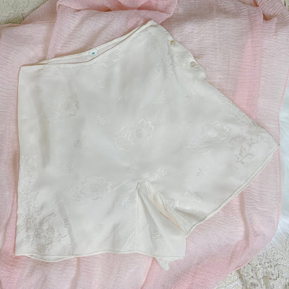 Vintage 1930's Hand Stitched White Silk Tap Pants with Satin Rose Damask Pattern - Size XS - Daggers & Dames