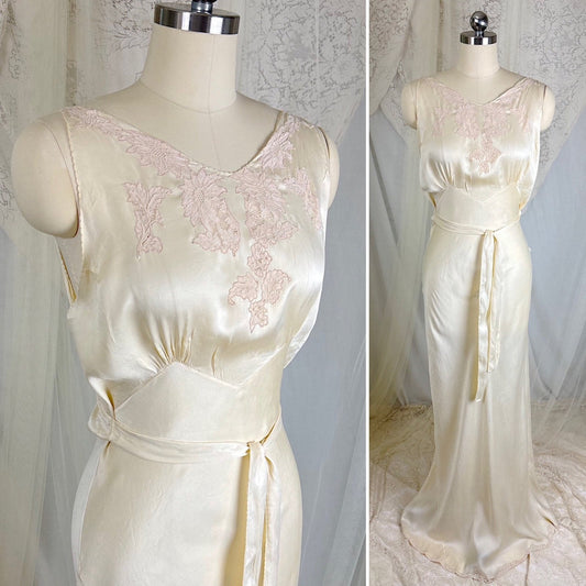 Vintage 1930's Ivory Hand - Stitched Silk Nightgown with Wrap Waist by Yolande, size S, M - Daggers & Dames