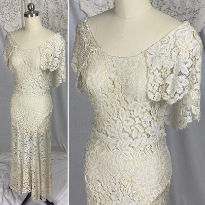 Vintage 1930's Maxi Dress | Buttermilk Floral Chantilly Net Lace with Ruffled Bertha Collar | Size XS, S - Daggers & Dames