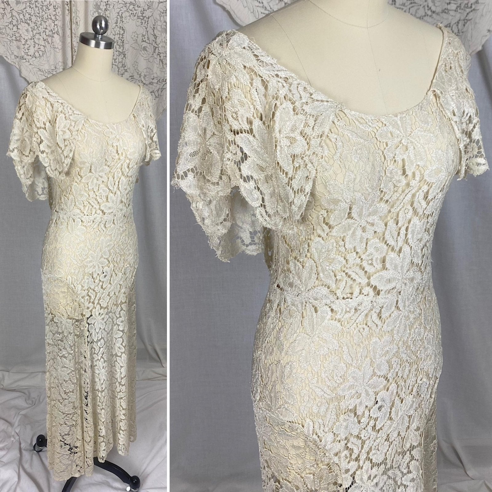 Vintage 1930's Maxi Dress | Buttermilk Floral Chantilly Net Lace with Ruffled Bertha Collar | Size XS, S - Daggers & Dames