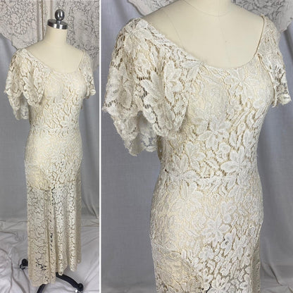 Vintage 1930's Maxi Dress | Buttermilk Floral Chantilly Net Lace with Ruffled Bertha Collar | Size XS, S - Daggers & Dames