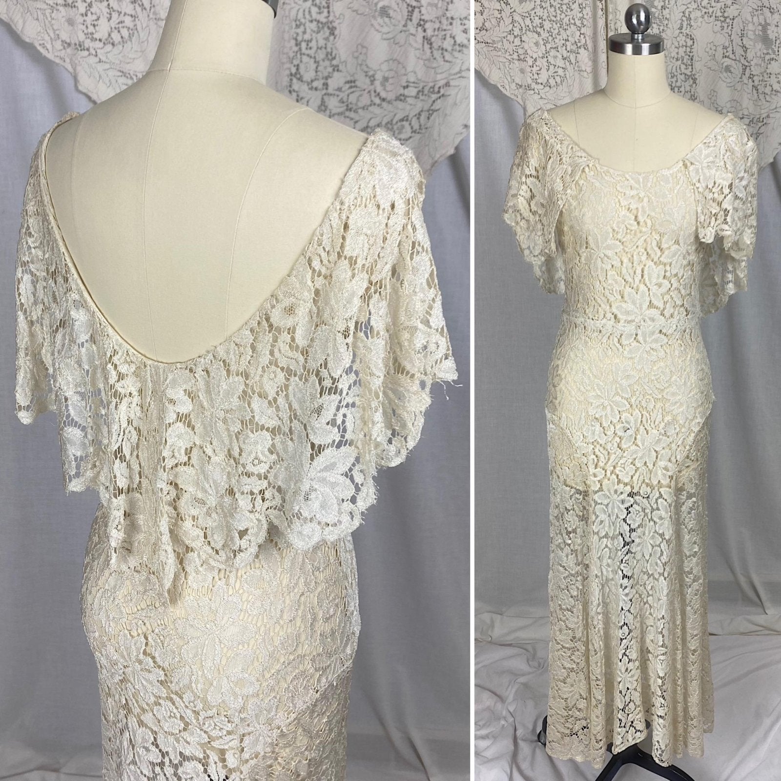 Vintage 1930's Maxi Dress | Buttermilk Floral Chantilly Net Lace with Ruffled Bertha Collar | Size XS, S - Daggers & Dames