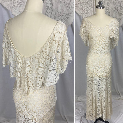 Vintage 1930's Maxi Dress | Buttermilk Floral Chantilly Net Lace with Ruffled Bertha Collar | Size XS, S - Daggers & Dames