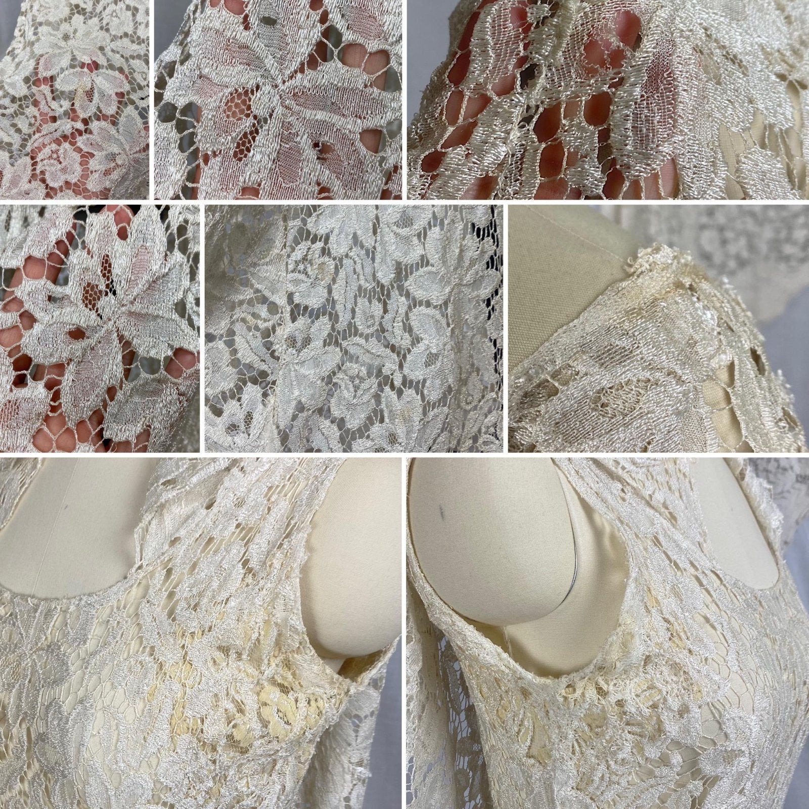 Vintage 1930's Maxi Dress | Buttermilk Floral Chantilly Net Lace with Ruffled Bertha Collar | Size XS, S - Daggers & Dames