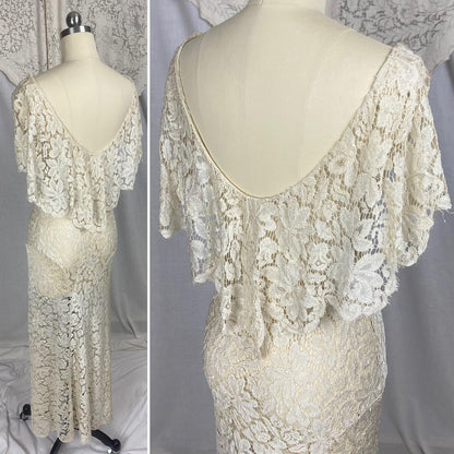 Vintage 1930's Maxi Dress | Buttermilk Floral Chantilly Net Lace with Ruffled Bertha Collar | Size XS, S - Daggers & Dames