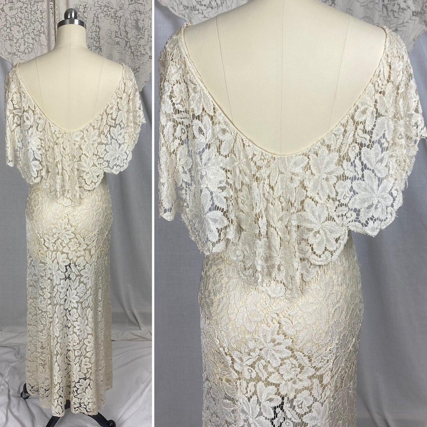 Vintage 1930's Maxi Dress | Buttermilk Floral Chantilly Net Lace with Ruffled Bertha Collar | Size XS, S - Daggers & Dames