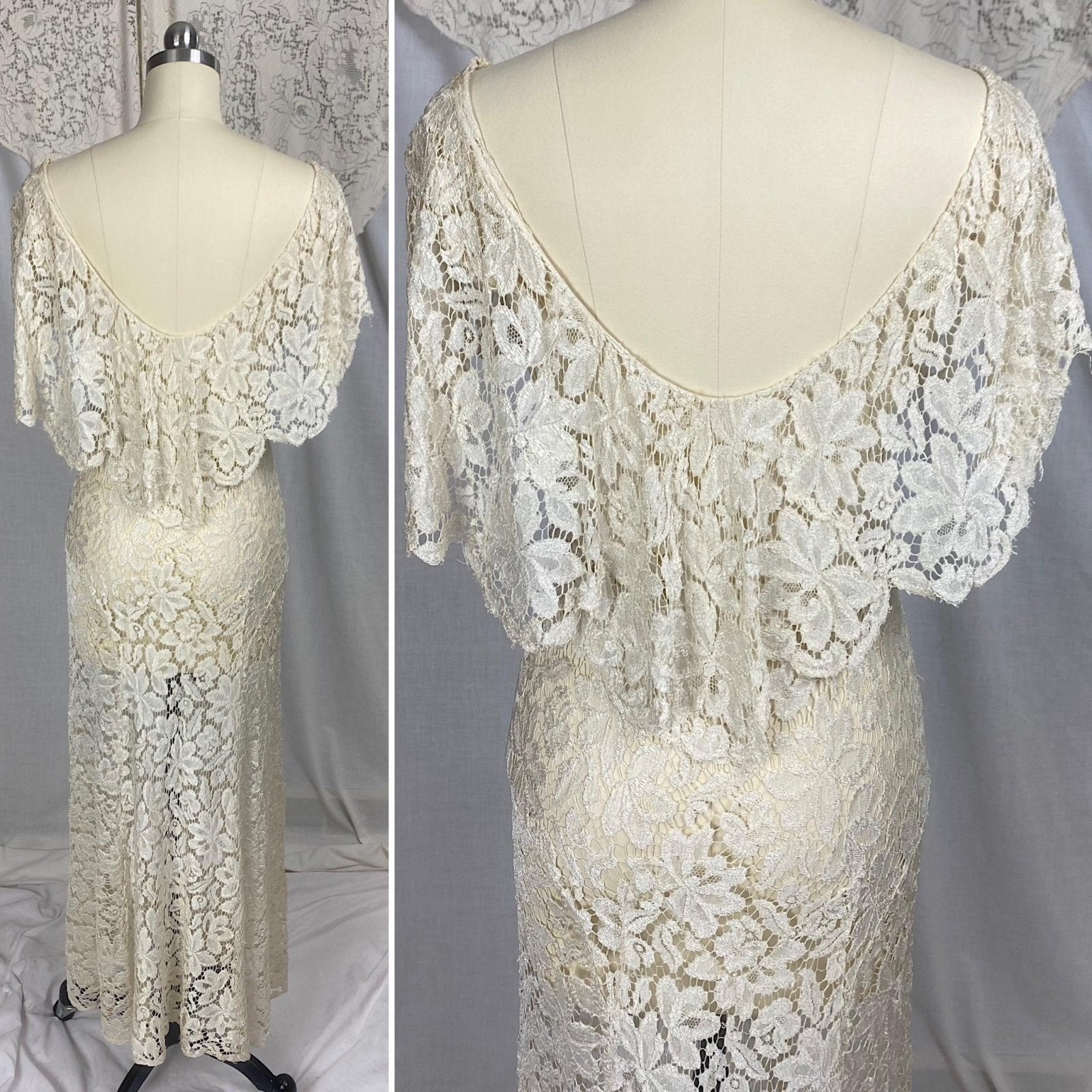 Vintage 1930's Maxi Dress | Buttermilk Floral Chantilly Net Lace with Ruffled Bertha Collar | Size XS, S - Daggers & Dames