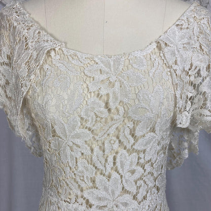 Vintage 1930's Maxi Dress | Buttermilk Floral Chantilly Net Lace with Ruffled Bertha Collar | Size XS, S - Daggers & Dames