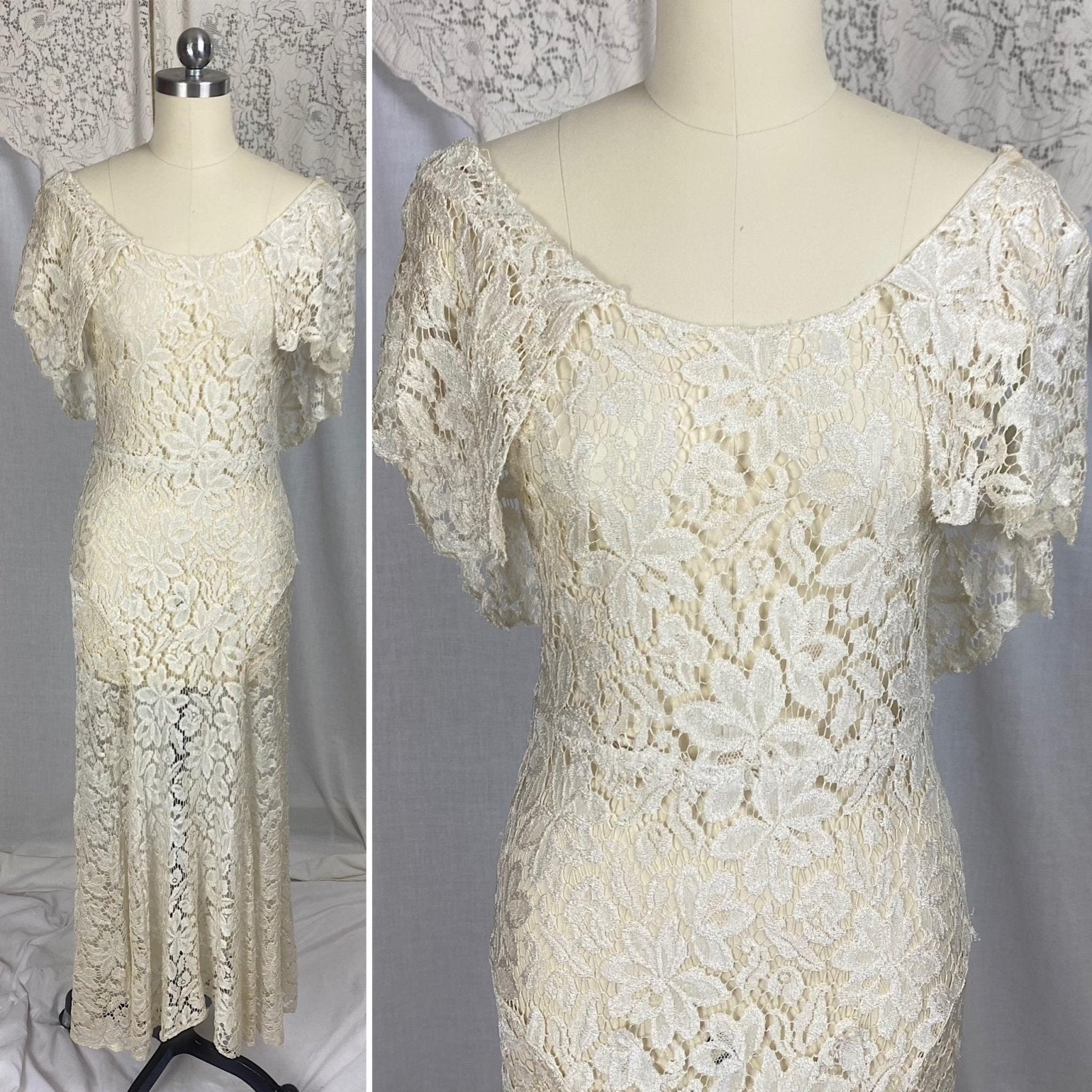 Vintage 1930's Maxi Dress | Buttermilk Floral Chantilly Net Lace with Ruffled Bertha Collar | Size XS, S - Daggers & Dames