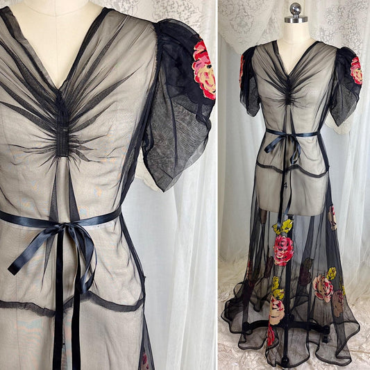 Vintage 1930's Maxi Dress - Sheer Black Silk Chiffon with Bright Pink & Coral Rose Appliques - Size M - Daggers & Dames