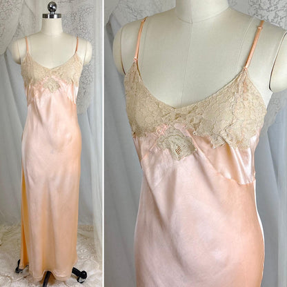 Vintage 1930's Maxi Slip - Rich Apricot Silk Satin with Warm Ecru Cotton Lace - Size M - By Barbizon - Daggers & Dames