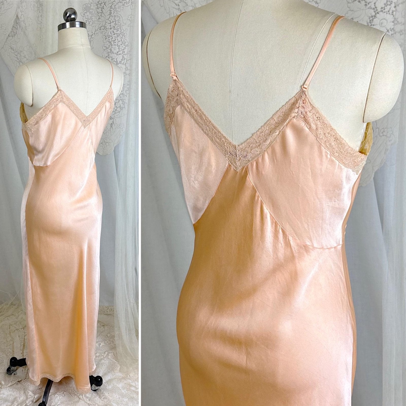 Vintage 1930's Maxi Slip - Rich Apricot Silk Satin with Warm Ecru Cotton Lace - Size M - By Barbizon - Daggers & Dames