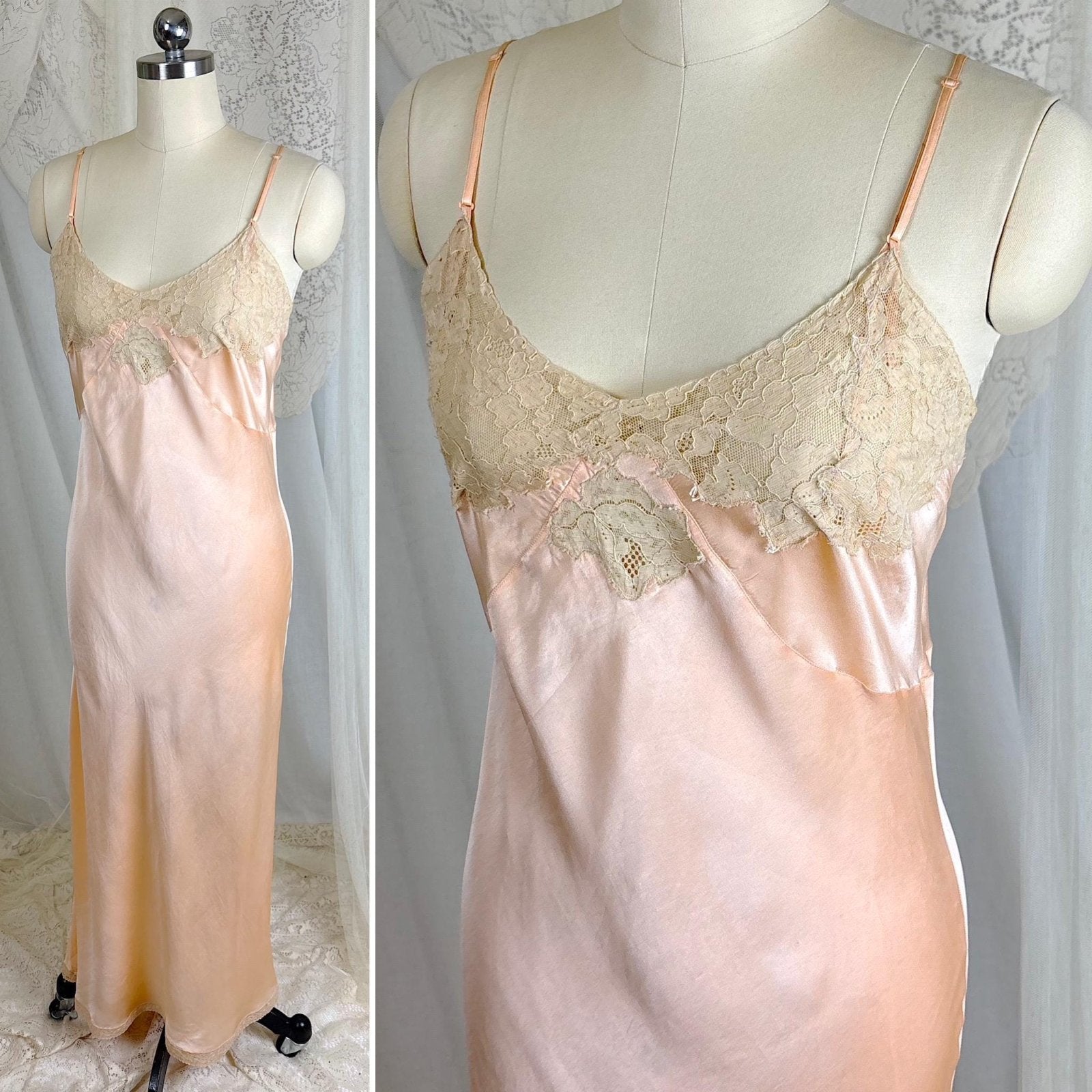 Vintage 1930's Maxi Slip - Rich Apricot Silk Satin with Warm Ecru Cotton Lace - Size M - By Barbizon - Daggers & Dames