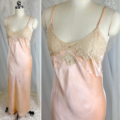 Vintage 1930's Maxi Slip - Rich Apricot Silk Satin with Warm Ecru Cotton Lace - Size M - By Barbizon - Daggers & Dames