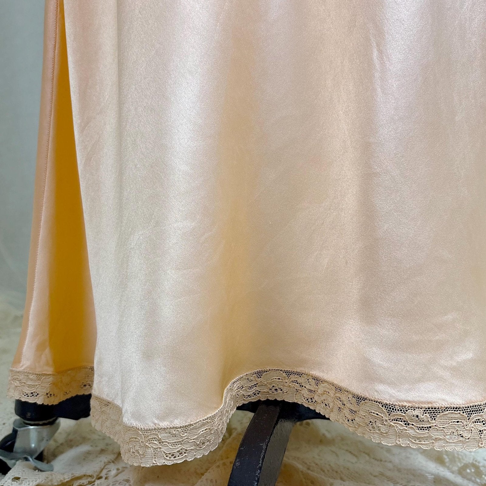Vintage 1930's Maxi Slip - Rich Apricot Silk Satin with Warm Ecru Cotton Lace - Size M - By Barbizon - Daggers & Dames