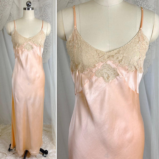 Vintage 1930's Maxi Slip - Rich Apricot Silk Satin with Warm Ecru Cotton Lace - Size M - By Barbizon - Daggers & Dames