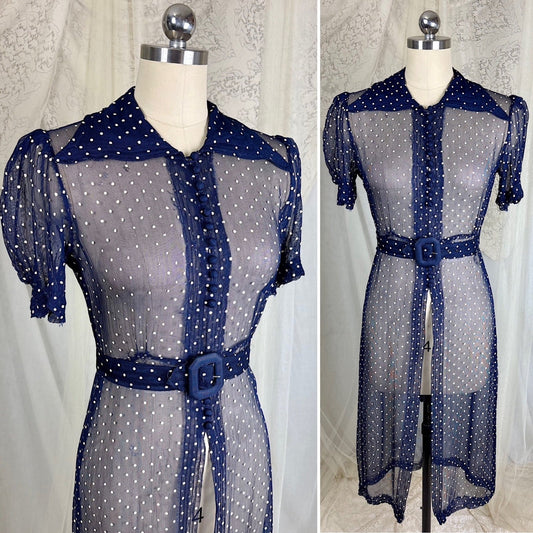 Vintage 1930's Midnight Blue Rayon Organza Overdress with White Polka Dots - Size XS - Daggers & Dames