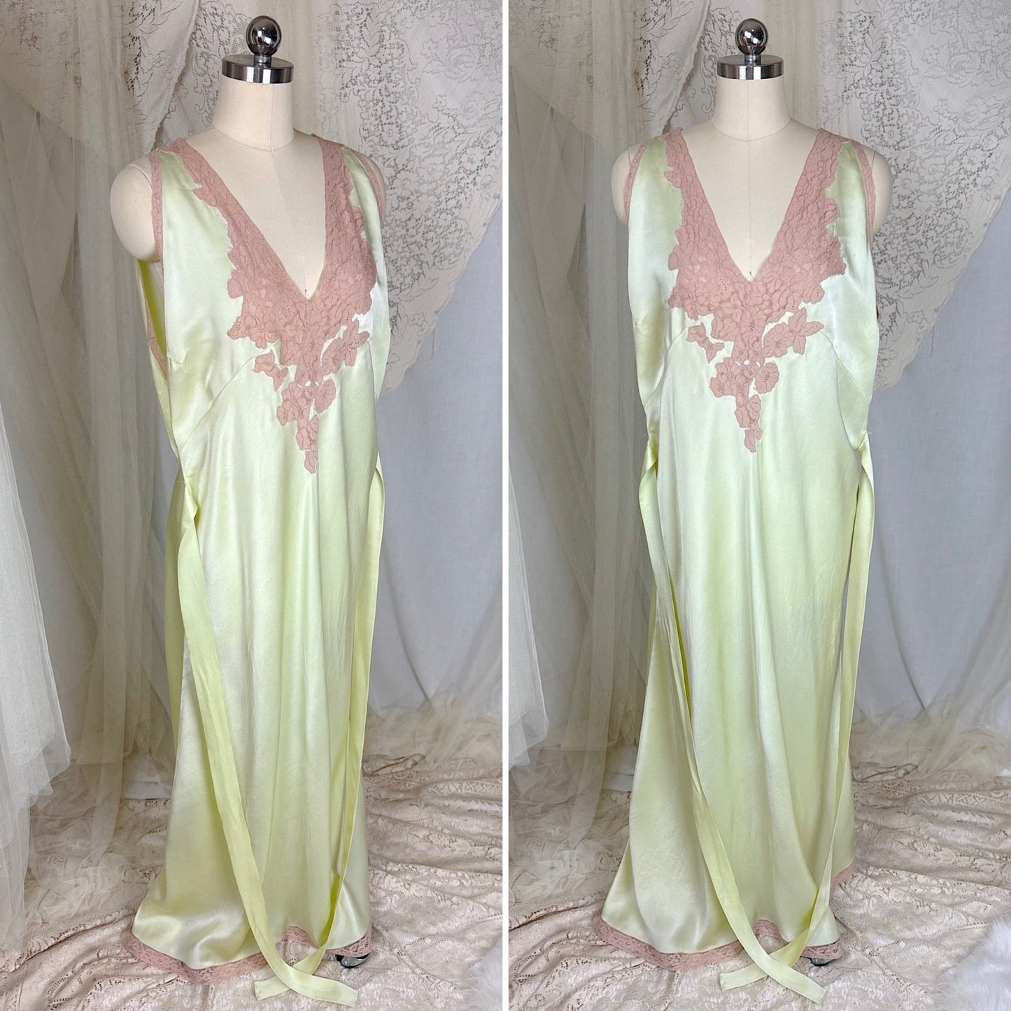 Vintage 1930's Mint Green Silk Satin Nightgown with Deep Tan Cotton Lace - by Barbizon, Satin Dasche, size free - Daggers & Dames