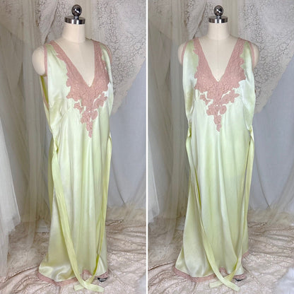Vintage 1930's Mint Green Silk Satin Nightgown with Deep Tan Cotton Lace - by Barbizon, Satin Dasche, size free - Daggers & Dames