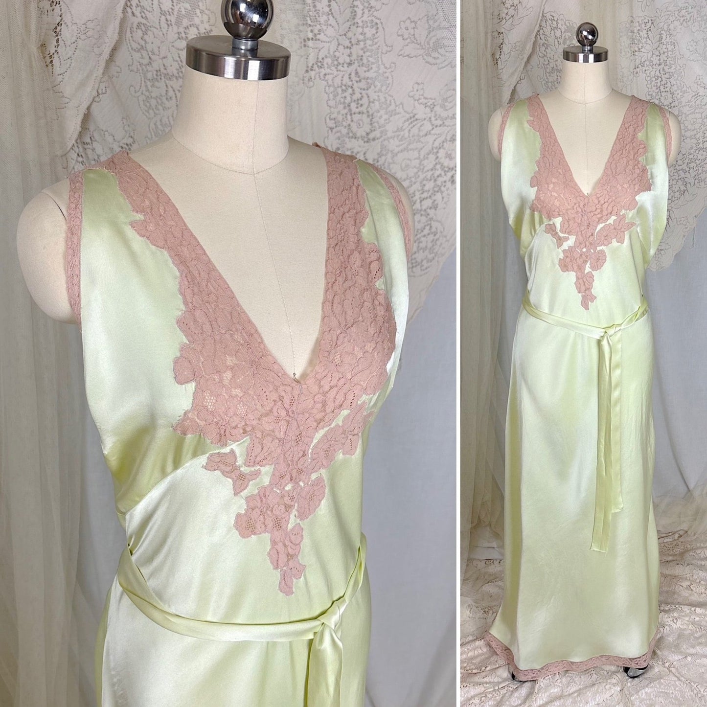 Vintage 1930's Mint Green Silk Satin Nightgown with Deep Tan Cotton Lace - by Barbizon, Satin Dasche, size free - Daggers & Dames