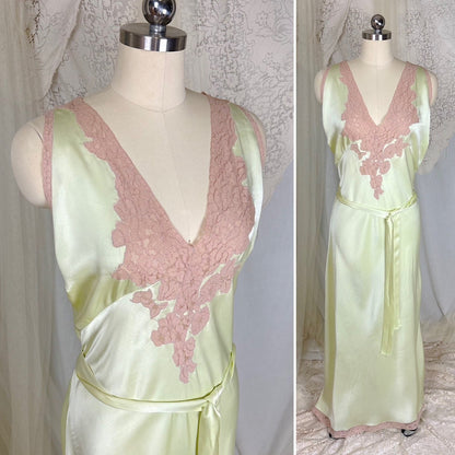 Vintage 1930's Mint Green Silk Satin Nightgown with Deep Tan Cotton Lace - by Barbizon, Satin Dasche, size free - Daggers & Dames