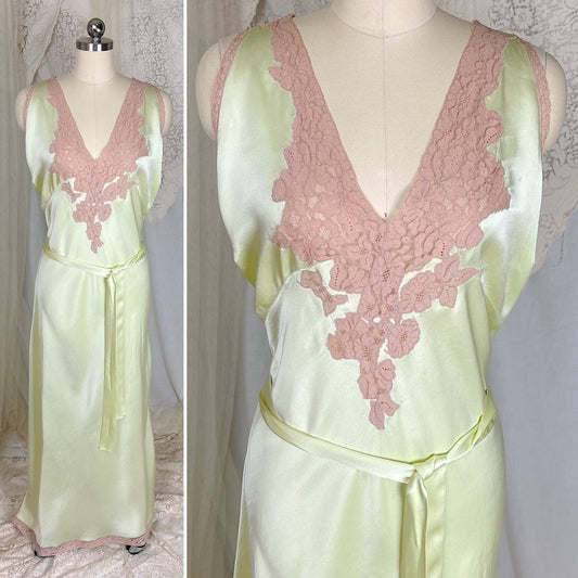 Vintage 1930's Mint Green Silk Satin Nightgown with Deep Tan Cotton Lace - by Barbizon, Satin Dasche, size free - Daggers & Dames