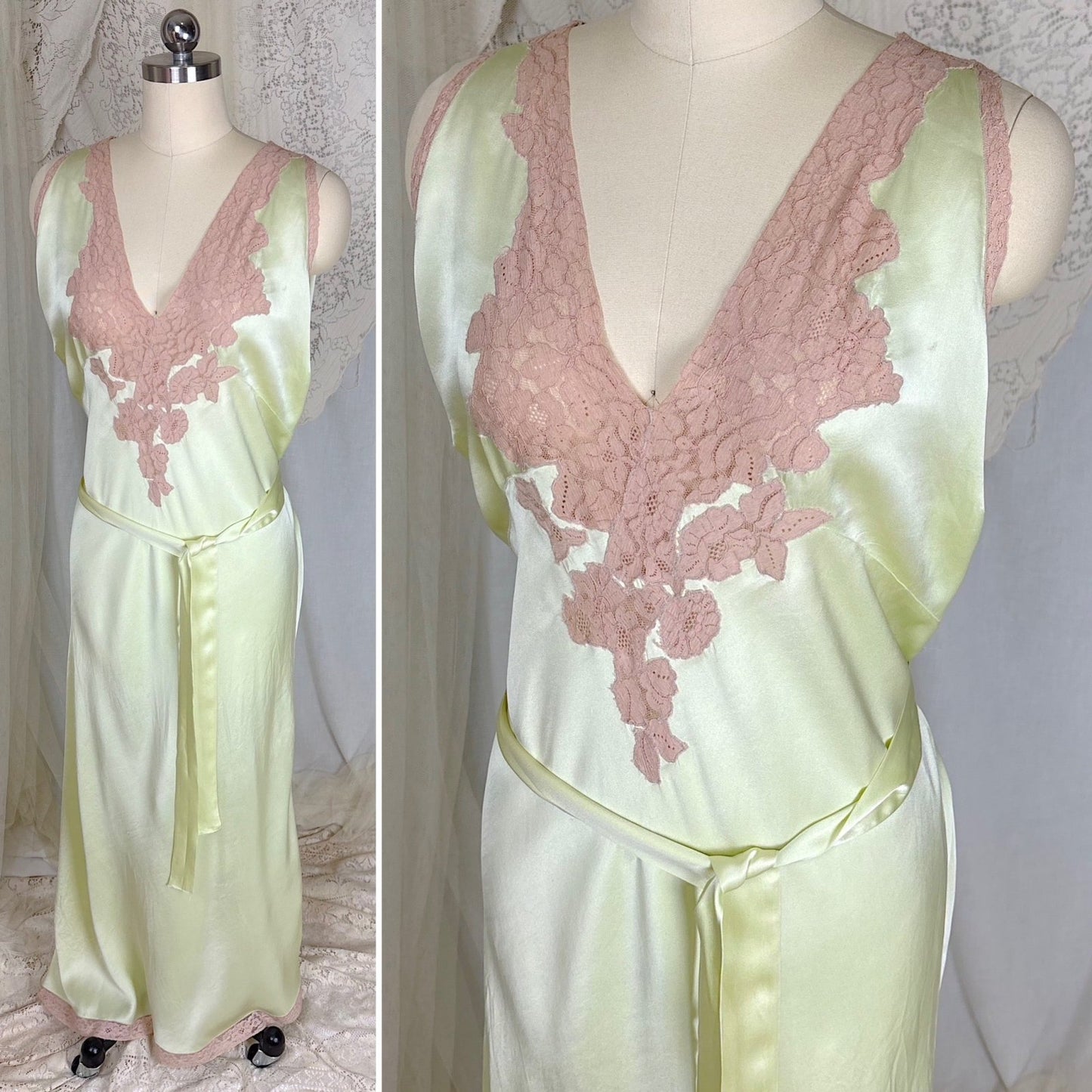 Vintage 1930's Mint Green Silk Satin Nightgown with Deep Tan Cotton Lace - by Barbizon, Satin Dasche, size free - Daggers & Dames