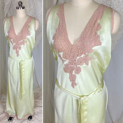 Vintage 1930's Mint Green Silk Satin Nightgown with Deep Tan Cotton Lace - by Barbizon, Satin Dasche, size free - Daggers & Dames