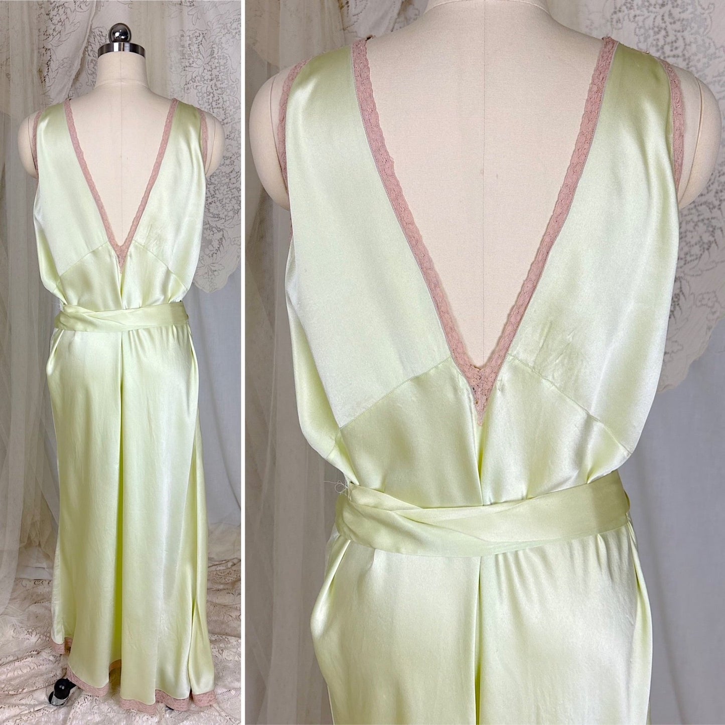 Vintage 1930's Mint Green Silk Satin Nightgown with Deep Tan Cotton Lace - by Barbizon, Satin Dasche, size free - Daggers & Dames