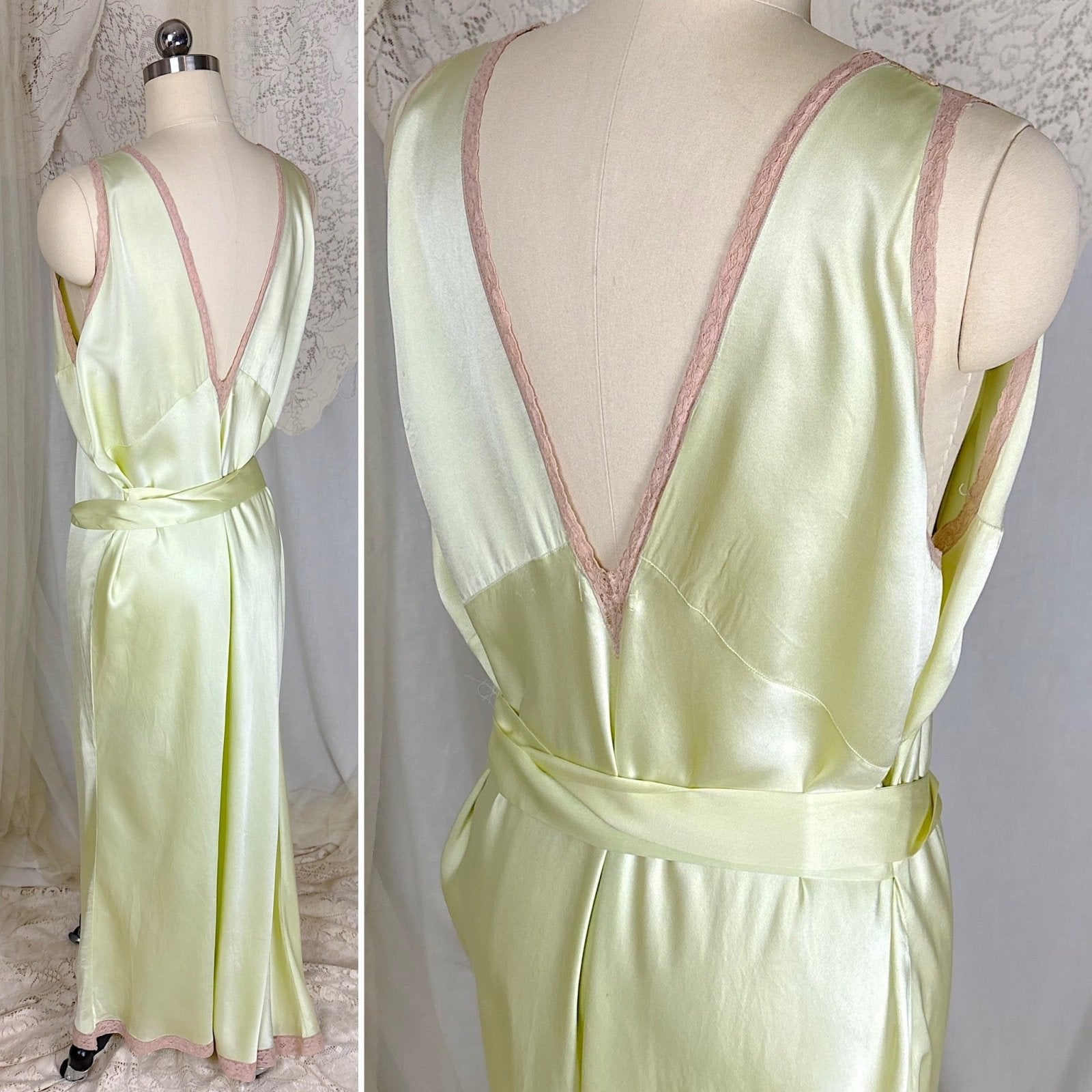 Vintage 1930's Mint Green Silk Satin Nightgown with Deep Tan Cotton Lace - by Barbizon, Satin Dasche, size free - Daggers & Dames