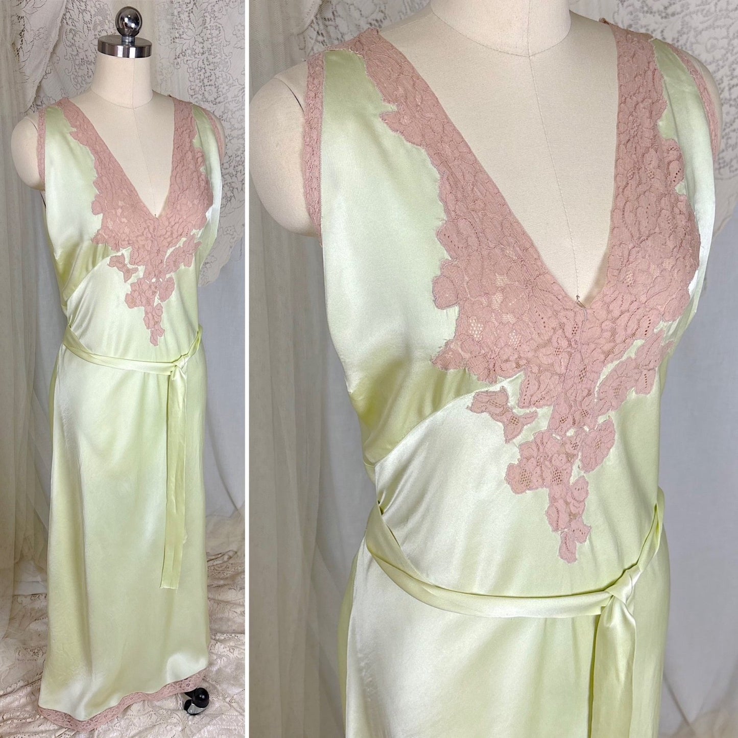 Vintage 1930's Mint Green Silk Satin Nightgown with Deep Tan Cotton Lace - by Barbizon, Satin Dasche, size free - Daggers & Dames
