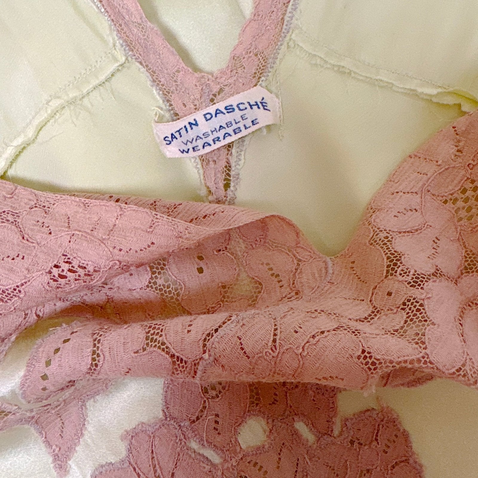 Vintage 1930's Mint Green Silk Satin Nightgown with Deep Tan Cotton Lace - by Barbizon, Satin Dasche, size free - Daggers & Dames