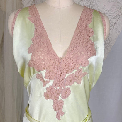 Vintage 1930's Mint Green Silk Satin Nightgown with Deep Tan Cotton Lace - by Barbizon, Satin Dasche, size free - Daggers & Dames