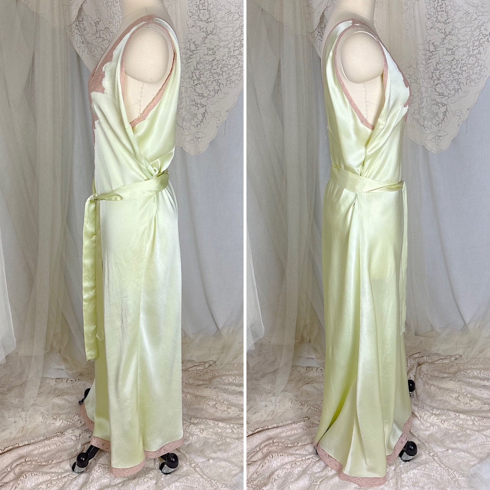 Vintage 1930's Mint Green Silk Satin Nightgown with Deep Tan Cotton Lace - by Barbizon, Satin Dasche, size free - Daggers & Dames