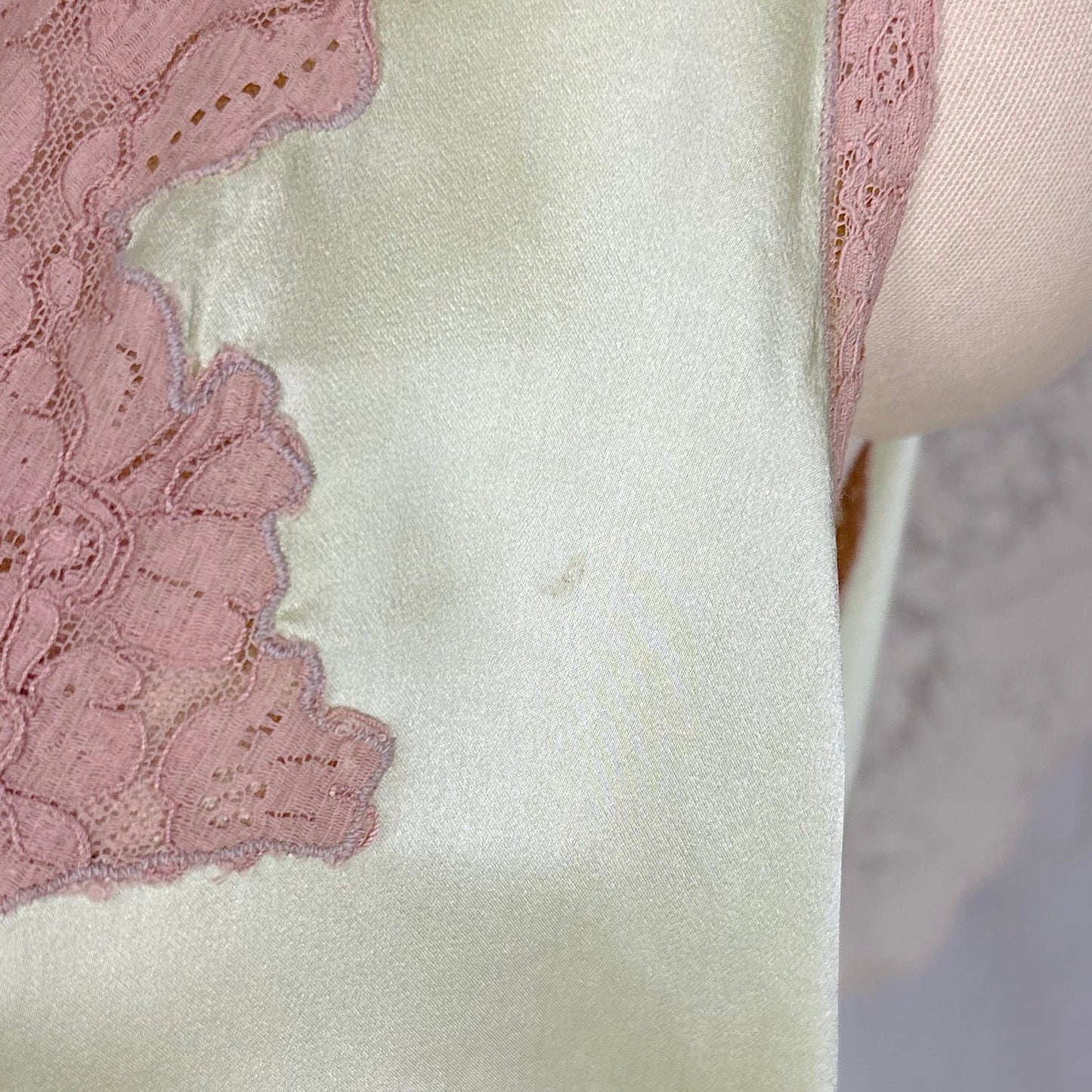 Vintage 1930's Mint Green Silk Satin Nightgown with Deep Tan Cotton Lace - by Barbizon, Satin Dasche, size free - Daggers & Dames