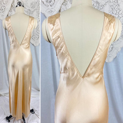 Vintage 1930's Nightgown | Champagne Silk Satin with Intricate Bronze Floral Lace & Scalloped Hem | Size XS, S - Daggers & Dames