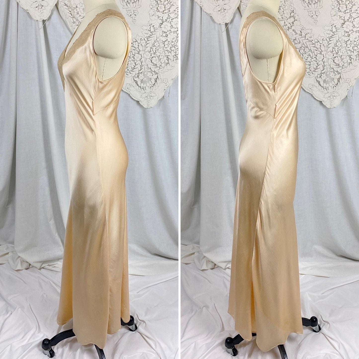 Vintage 1930's Nightgown | Champagne Silk Satin with Intricate Bronze Floral Lace & Scalloped Hem | Size XS, S - Daggers & Dames