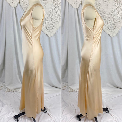 Vintage 1930's Nightgown | Champagne Silk Satin with Intricate Bronze Floral Lace & Scalloped Hem | Size XS, S - Daggers & Dames