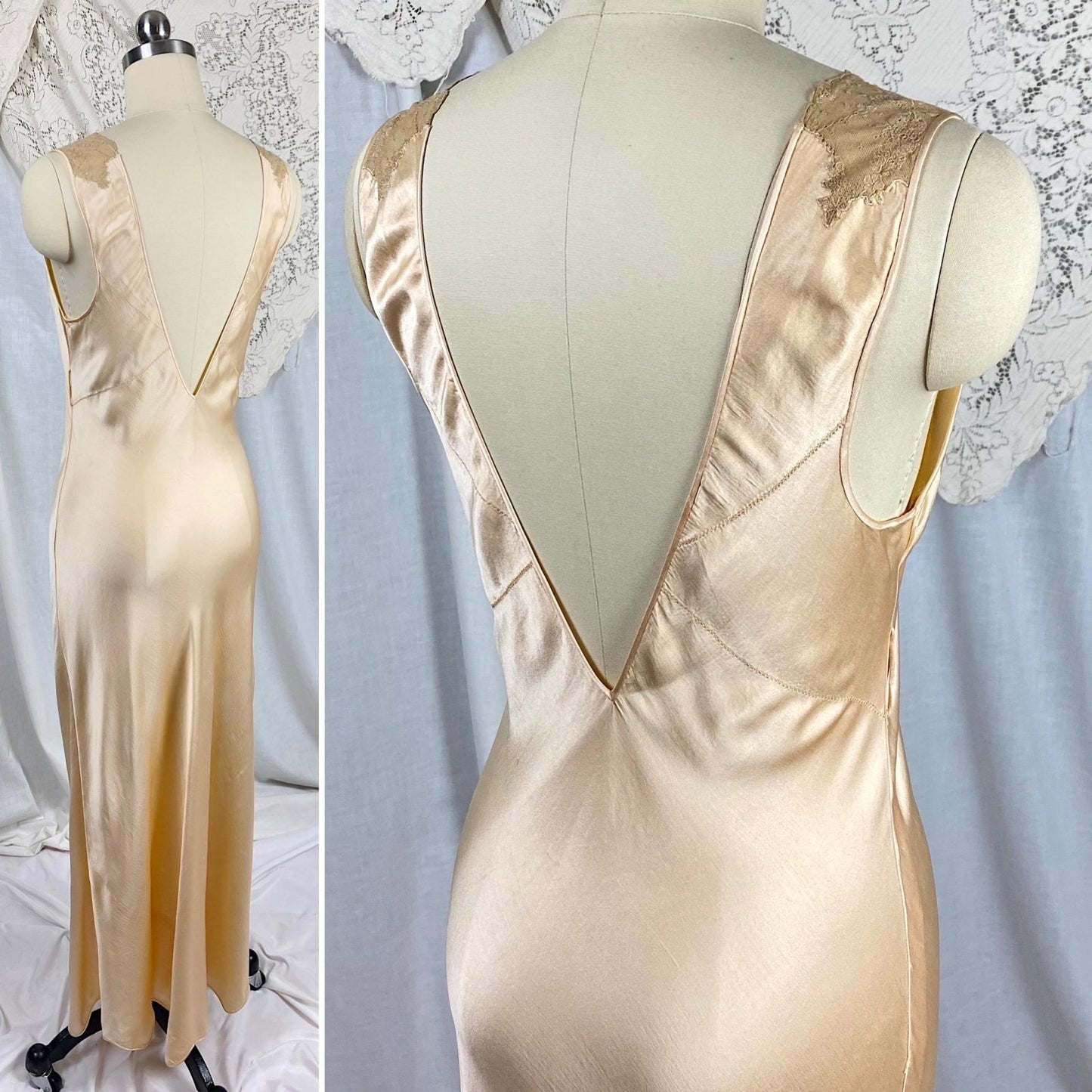 Vintage 1930's Nightgown | Champagne Silk Satin with Intricate Bronze Floral Lace & Scalloped Hem | Size XS, S - Daggers & Dames
