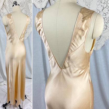 Vintage 1930's Nightgown | Champagne Silk Satin with Intricate Bronze Floral Lace & Scalloped Hem | Size XS, S - Daggers & Dames