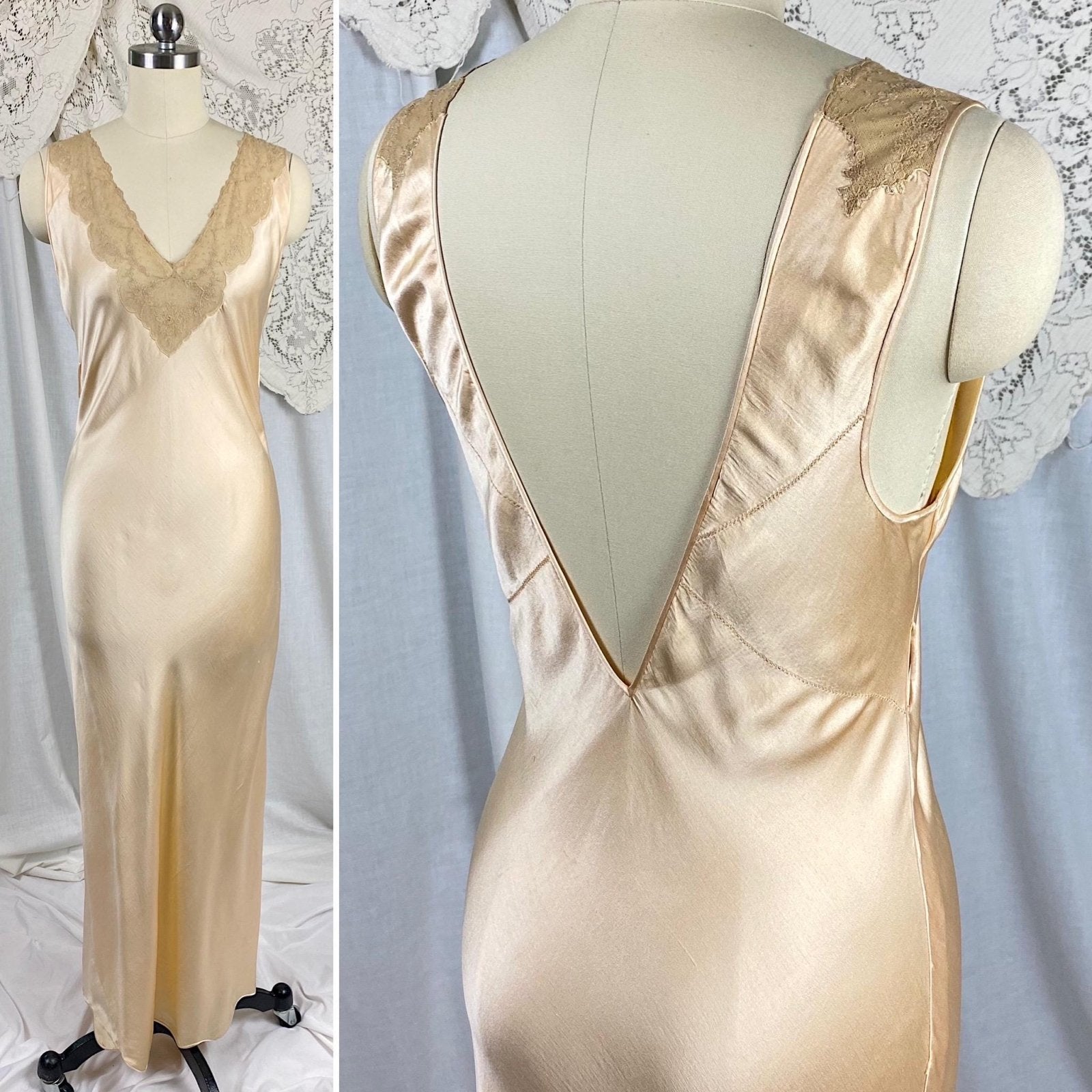 Vintage 1930's Nightgown | Champagne Silk Satin with Intricate Bronze Floral Lace & Scalloped Hem | Size XS, S - Daggers & Dames