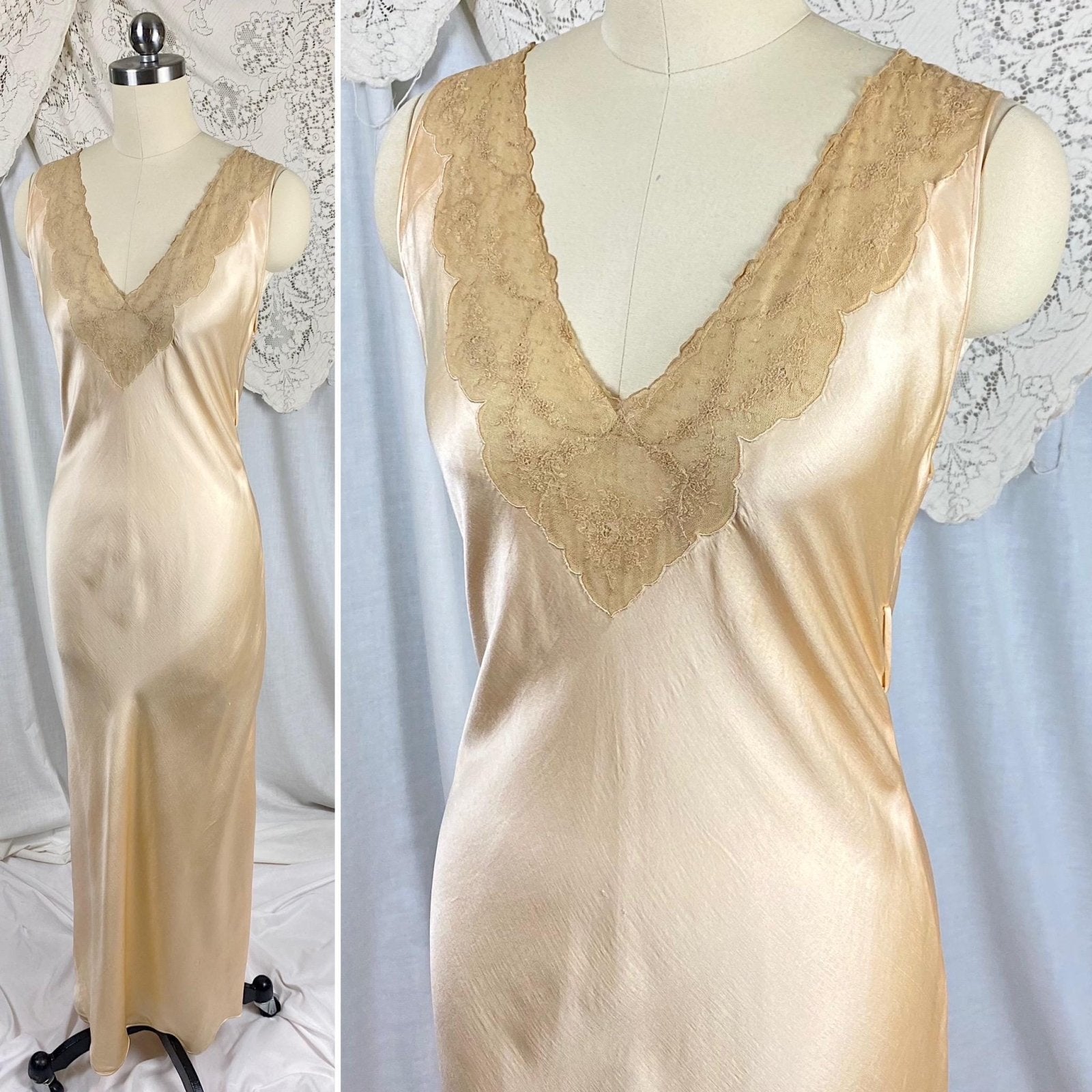 Vintage 1930's Nightgown | Champagne Silk Satin with Intricate Bronze Floral Lace & Scalloped Hem | Size XS, S - Daggers & Dames