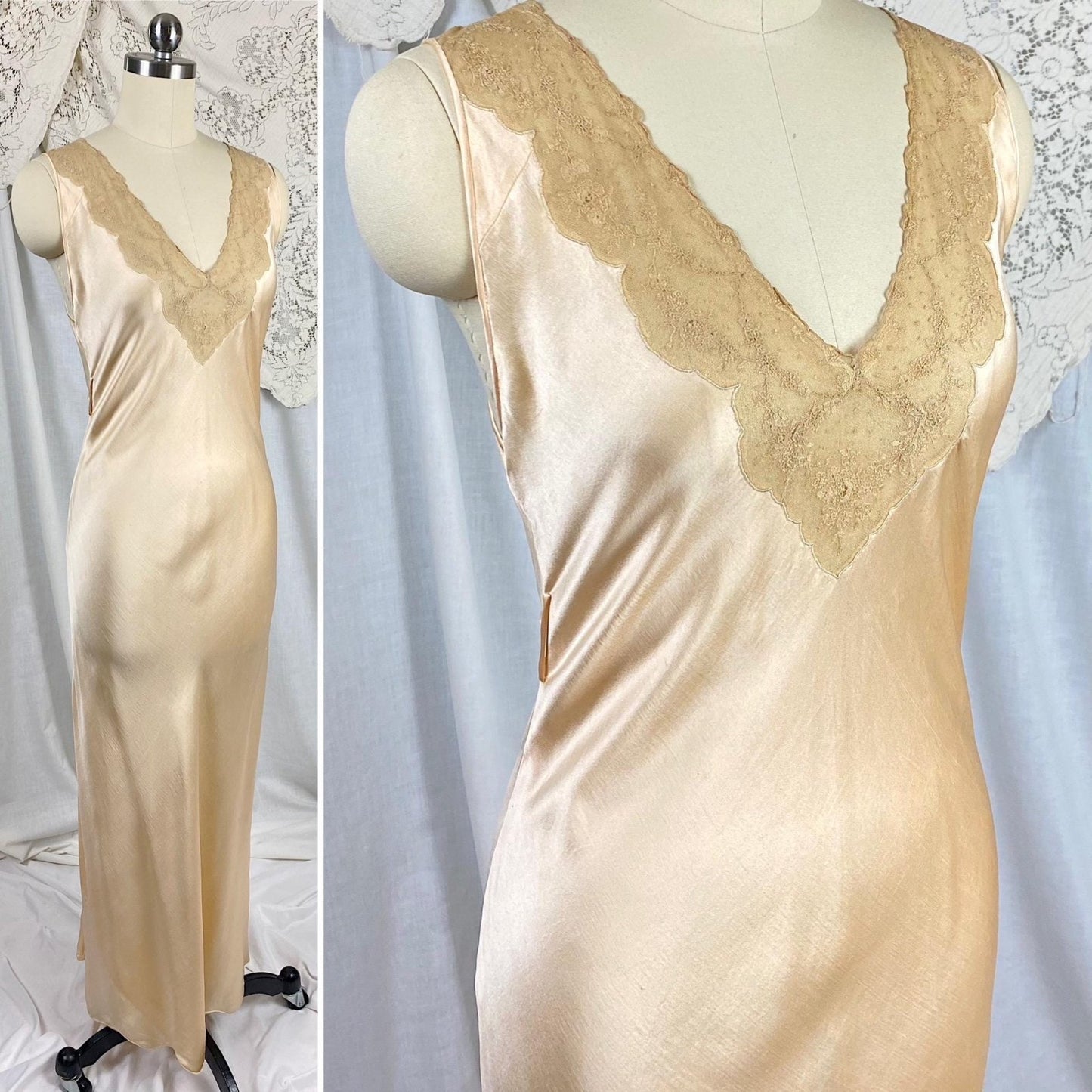 Vintage 1930's Nightgown | Champagne Silk Satin with Intricate Bronze Floral Lace & Scalloped Hem | Size XS, S - Daggers & Dames