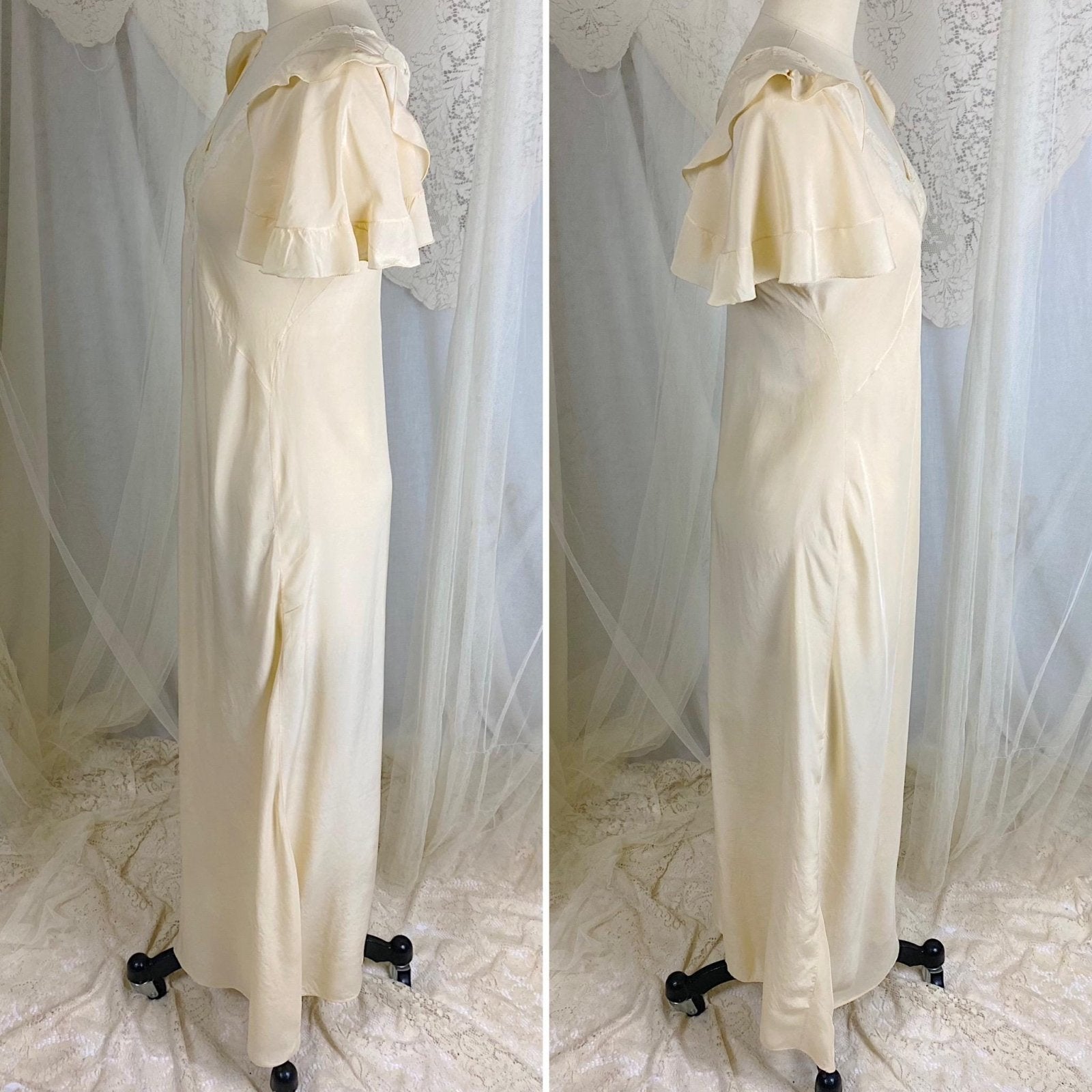 Vintage 1930's Nightgown - Hand Stitched Ivory Silk with Irish Crochet Lace & Satin Embroidery - Size XS, S - Daggers & Dames