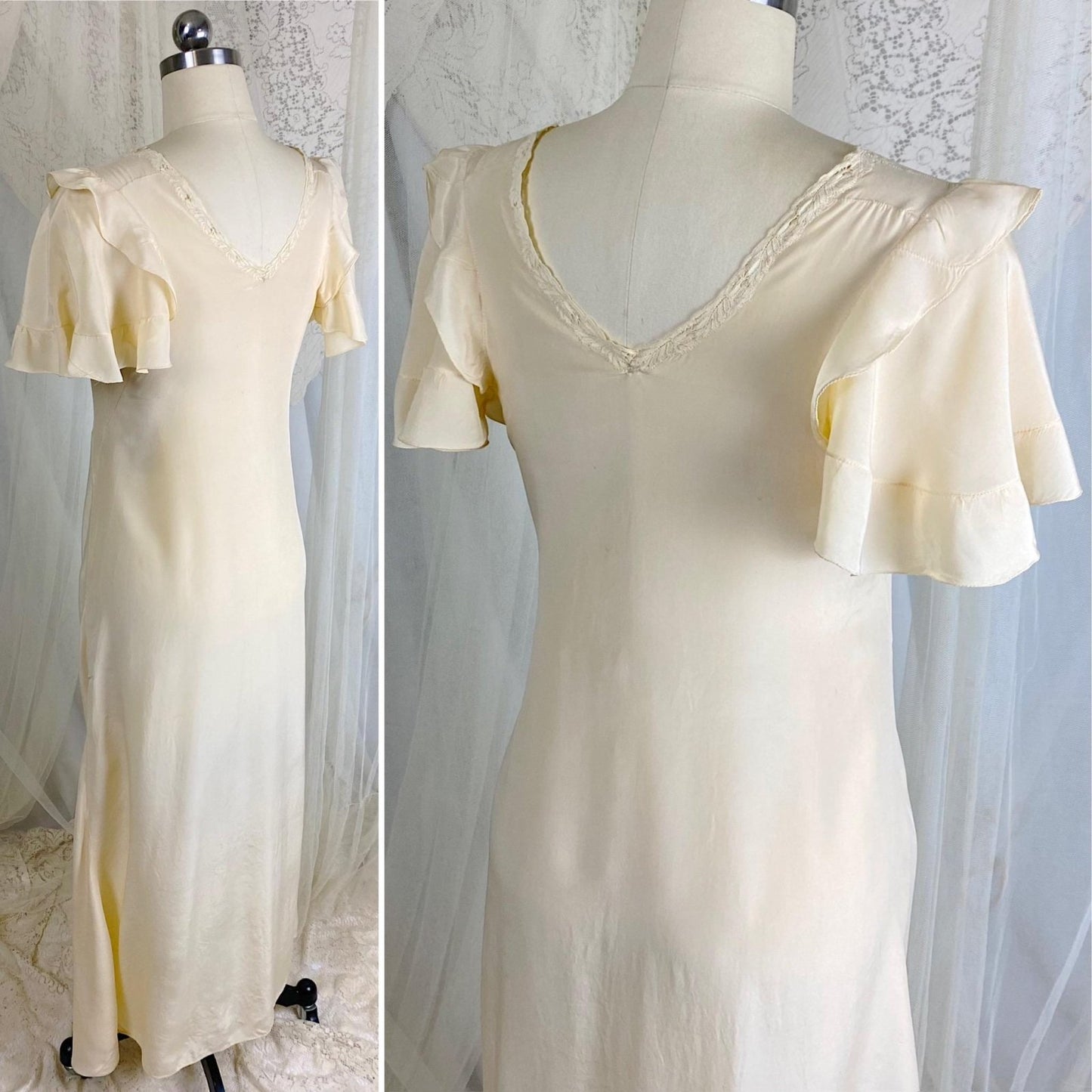 Vintage 1930's Nightgown - Hand Stitched Ivory Silk with Irish Crochet Lace & Satin Embroidery - Size XS, S - Daggers & Dames