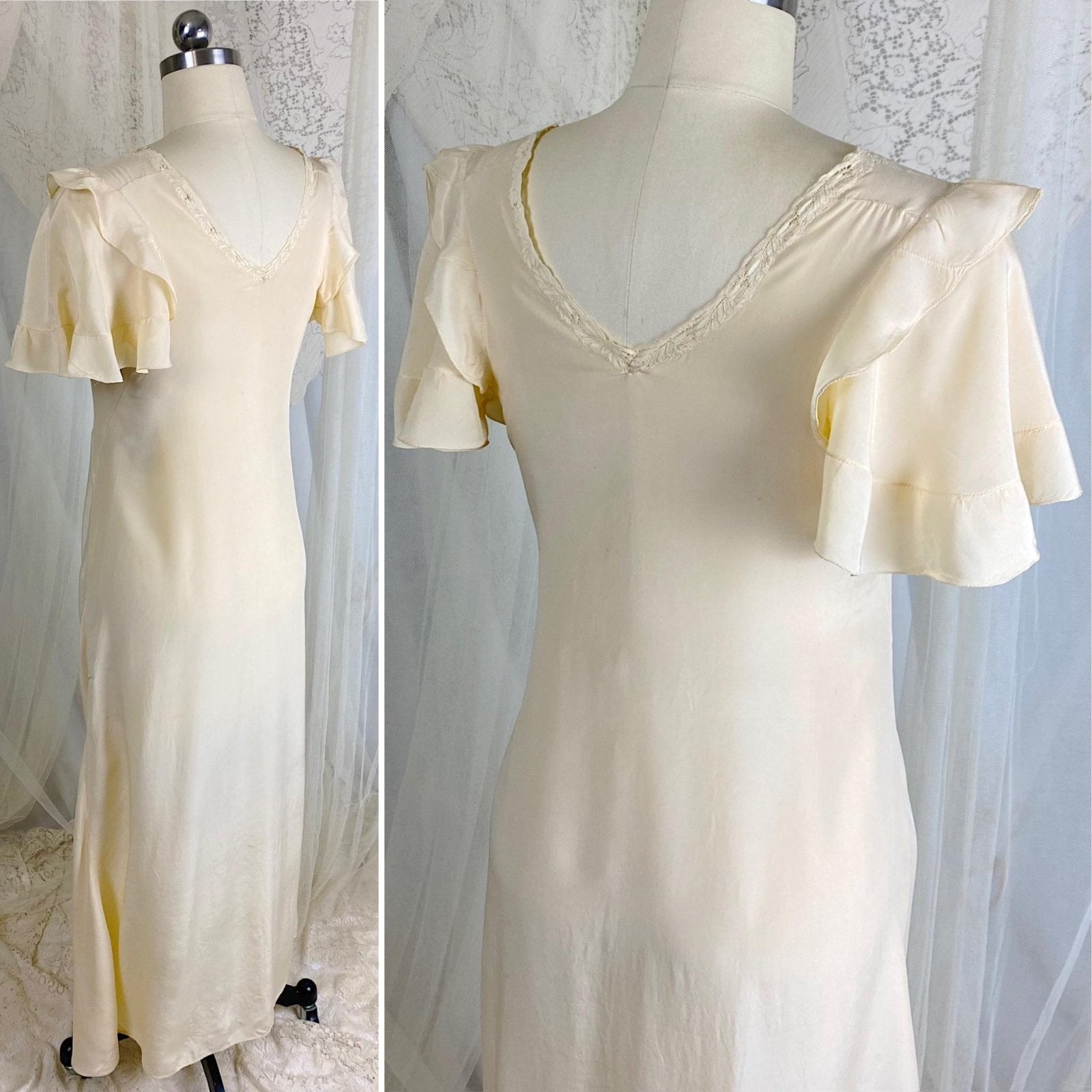 Vintage 1930's Nightgown - Hand Stitched Ivory Silk with Irish Crochet Lace & Satin Embroidery - Size XS, S - Daggers & Dames