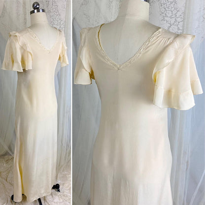 Vintage 1930's Nightgown - Hand Stitched Ivory Silk with Irish Crochet Lace & Satin Embroidery - Size XS, S - Daggers & Dames