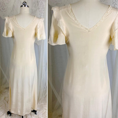 Vintage 1930's Nightgown - Hand Stitched Ivory Silk with Irish Crochet Lace & Satin Embroidery - Size XS, S - Daggers & Dames