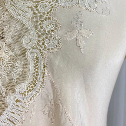 Vintage 1930's Nightgown - Hand Stitched Ivory Silk with Irish Crochet Lace & Satin Embroidery - Size XS, S - Daggers & Dames