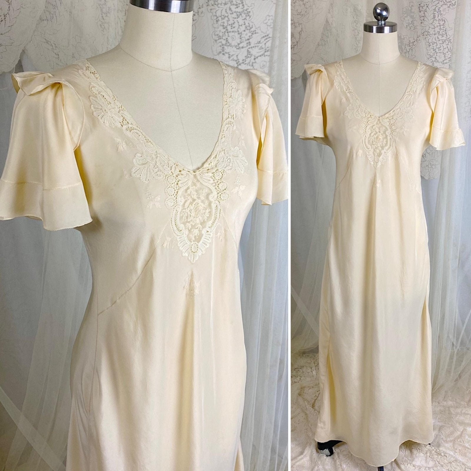 Vintage 1930's Nightgown - Hand Stitched Ivory Silk with Irish Crochet Lace & Satin Embroidery - Size XS, S - Daggers & Dames